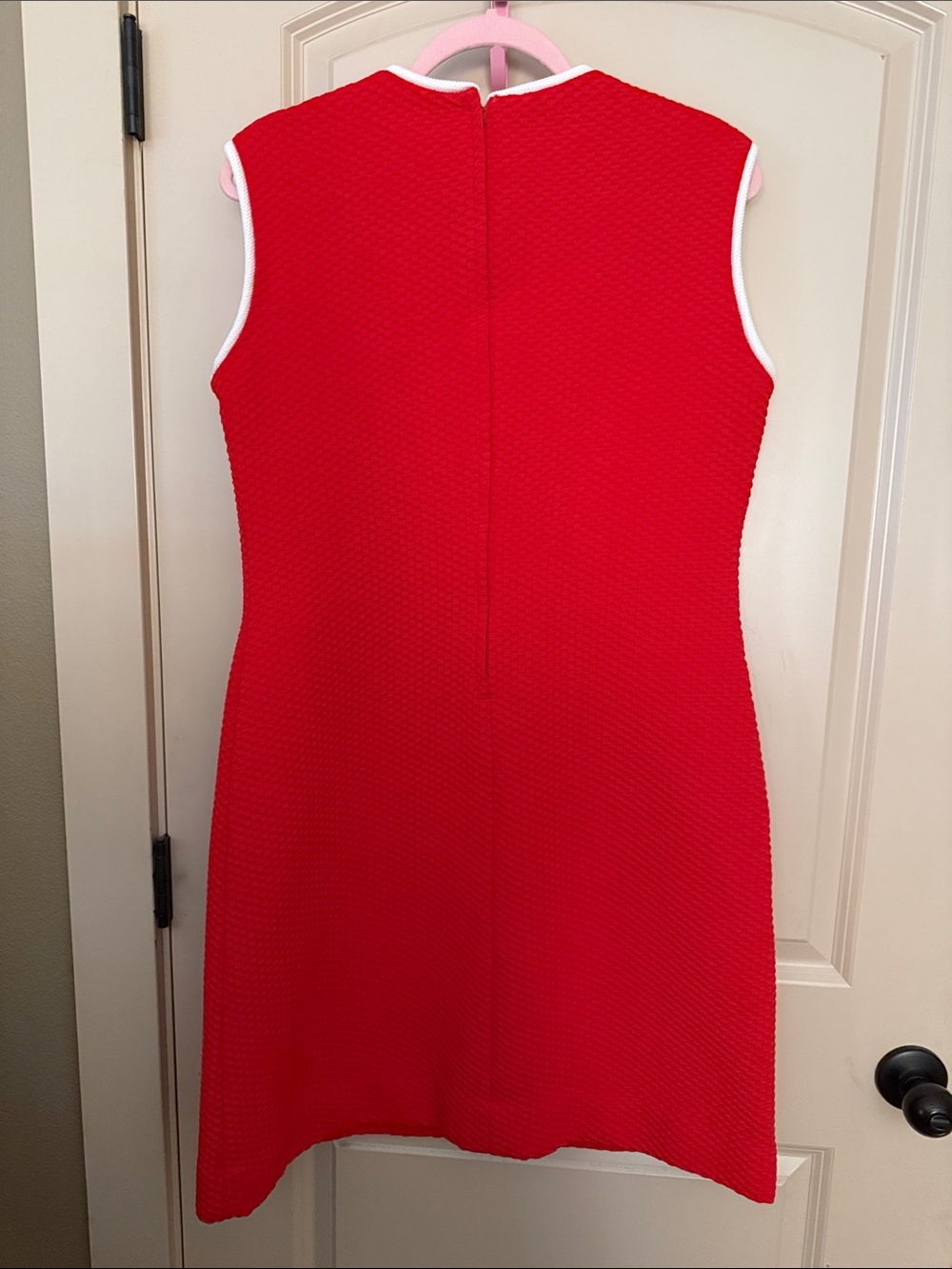 Sleeveless Red Shift Dress with White Trim - Picture 2 of 5